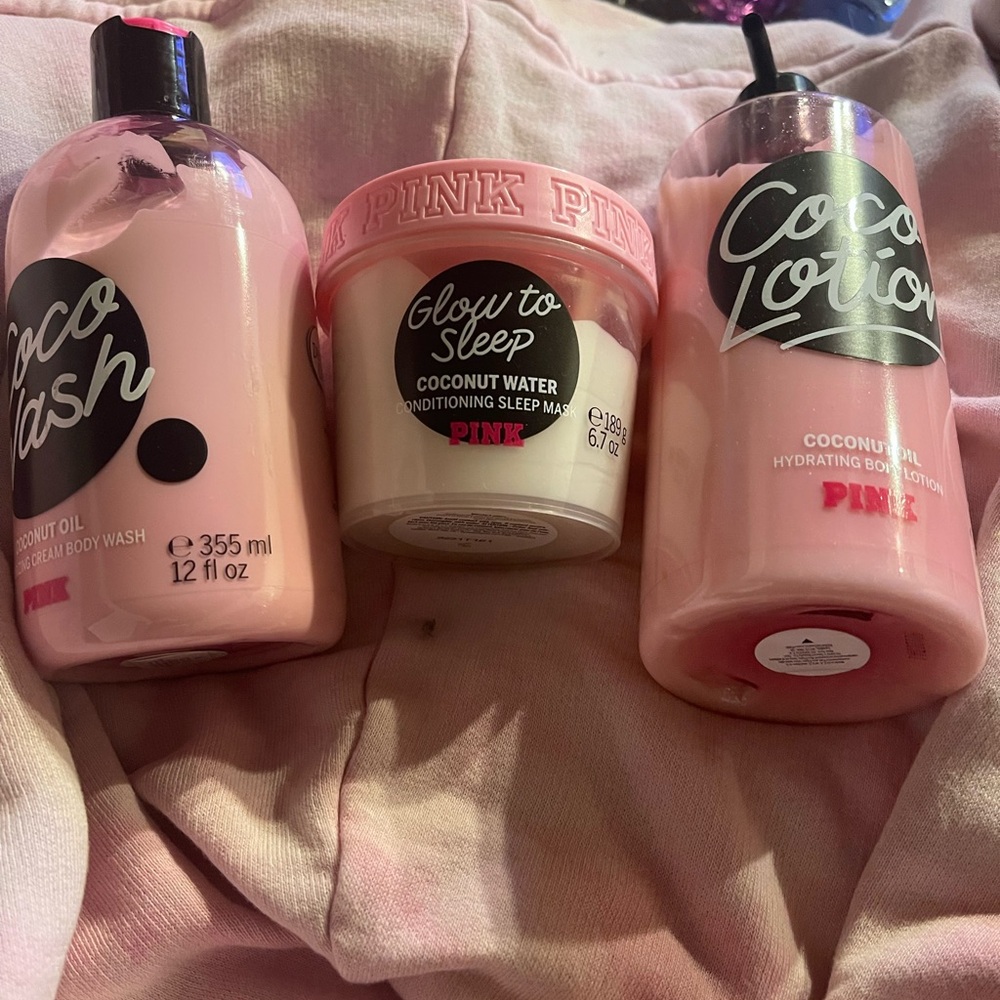 Pink Cocoa oil with lotion body scrub sleep mask.